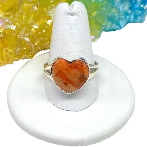 Handmade Jewelry - Sponge Coral Heart Shaped Ring Size 10 Solid 925 Sterling Silver Orange Boho